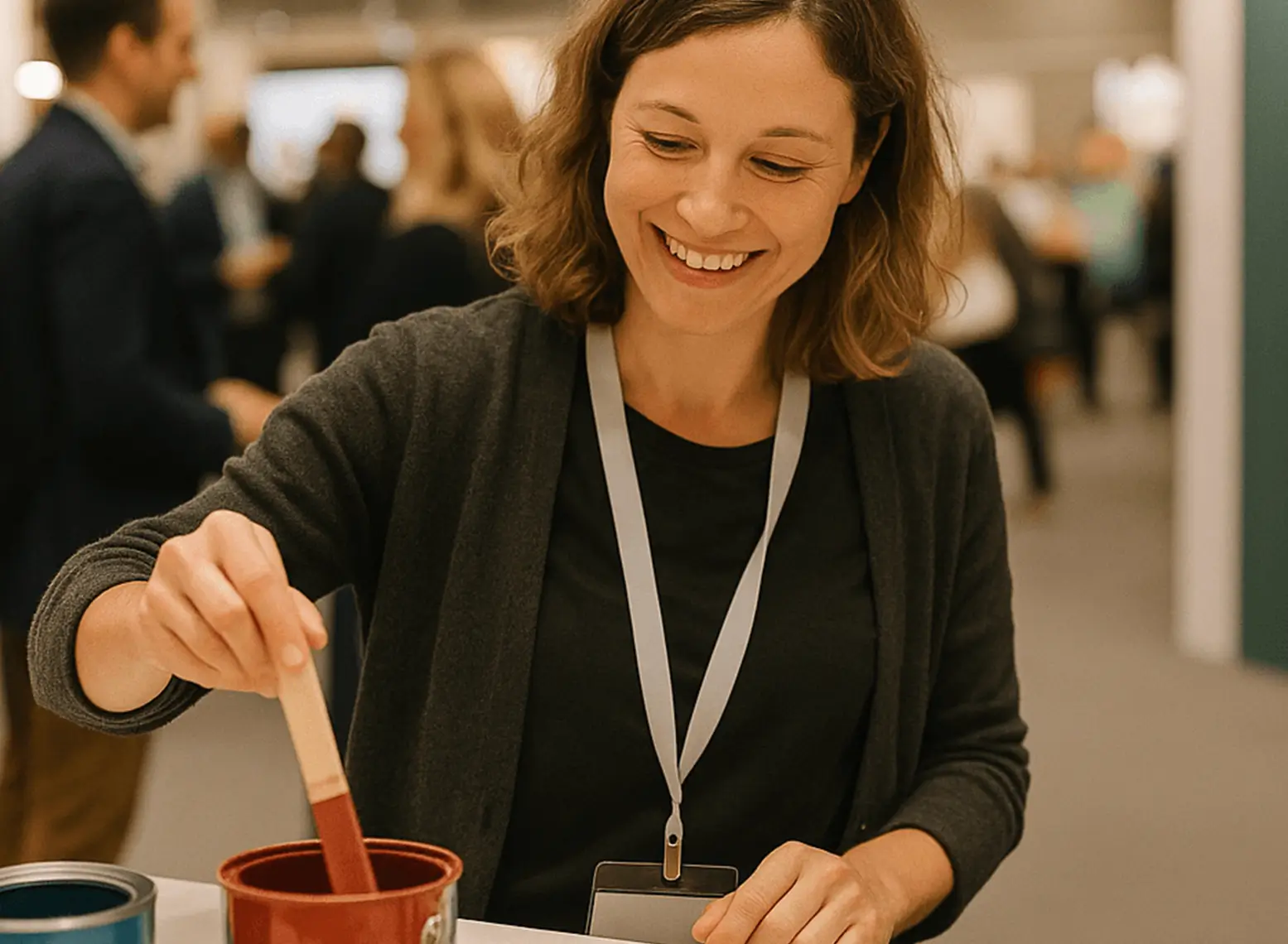 Eine Fachbesucherin testet auf der OBERFLÄCHENDESIGN MESSE 2026 ein neues Produkt im Bereich Farbgestaltung und Spachteltechnik. Die Szene zeigt eine praxisnahe, persönliche Produkterfahrung auf einer kleinen Fachmesse für Oberflächendesign in Wien.
