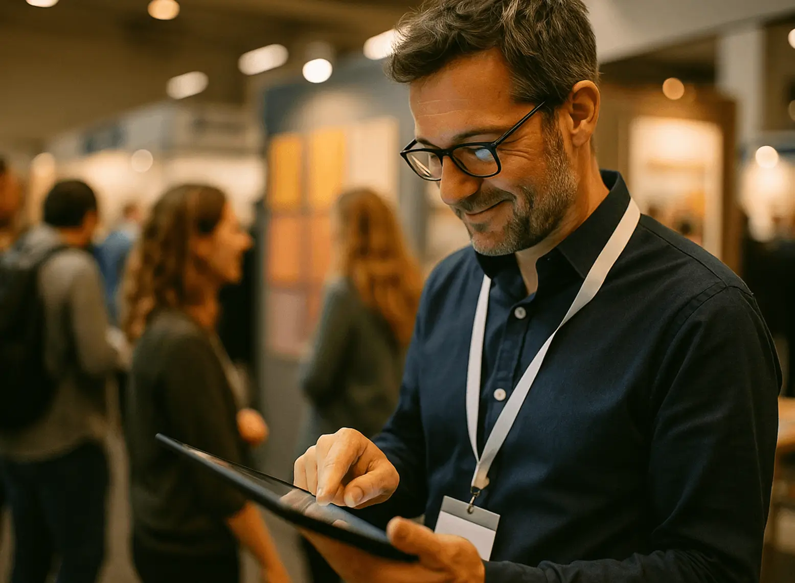 Eine Fachbesucher informiert sich auf der OBERFLÄCHENDESIGN MESSE 2026 mit einem Tablet über aktuelle Trends und Produkte. Die Szene zeigt moderne Messeumgebung, inspirierende Atmosphäre und die direkte Verbindung zu Innovation und Know-how im Bereich Raumgestaltung, Farbe und Oberfläche.