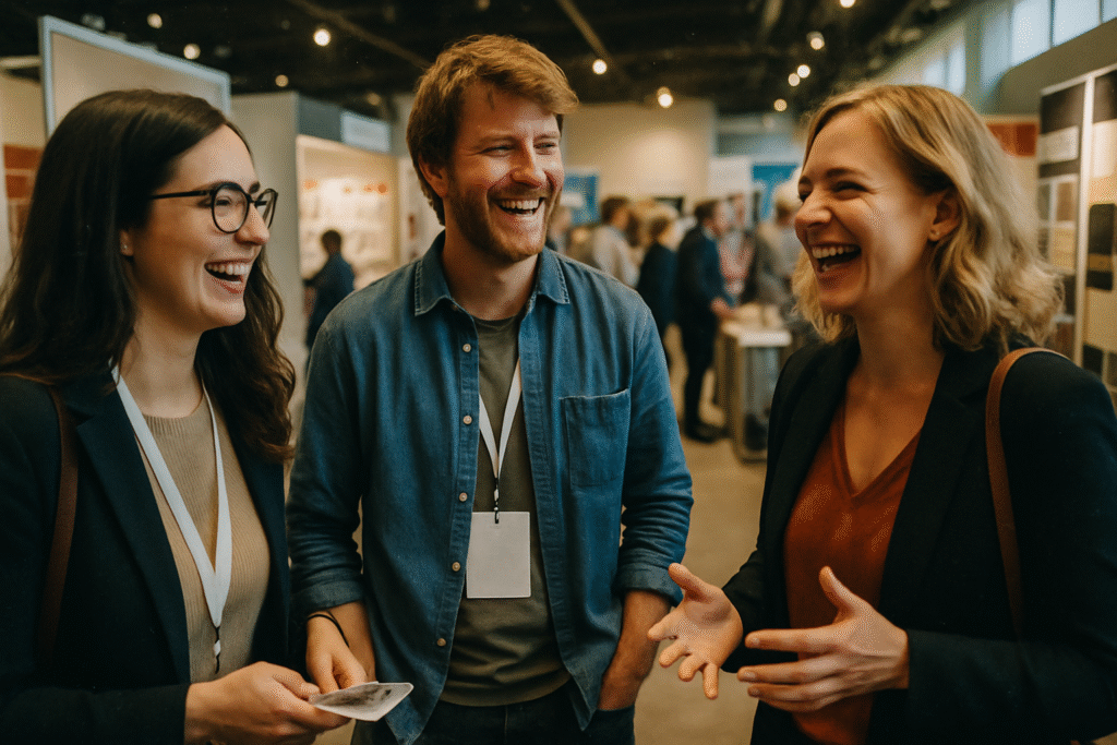 Drei Messebesucher unterhalten sich lächelnd auf der OBERFLÄCHENDESIGN MESSE 2026 in entspannter Atmosphäre.