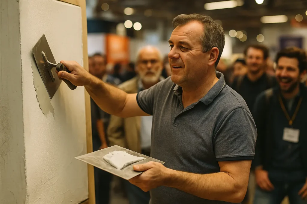 Ein Messeaussteller demonstriert Spachteltechniken live auf der OBERFLÄCHENDESIGN MESSE 2026 in Vösendorf.