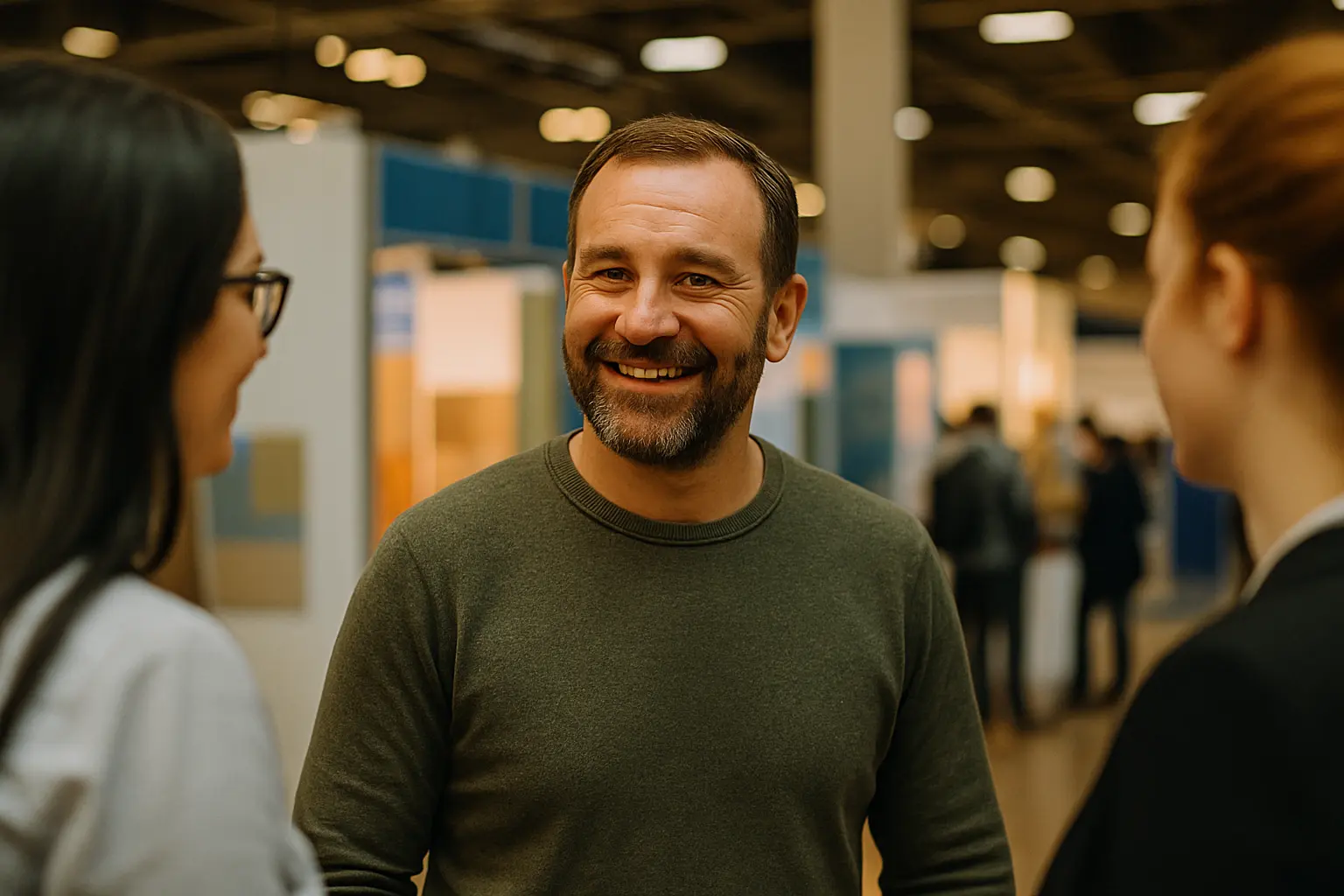 Freundlicher Aussteller im Gespräch mit zwei Besucherinnen auf der OBERFLÄCHENDESIGN MESSE 2026 in Vösendorf bei Wien. Das Bild zeigt eine authentische Messesituation mit offener Kommunikation, professioneller Atmosphäre und modernem Messestand im Hintergrund. Perfekt geeignet zur Darstellung des persönlichen Austauschs und der lebendigen Messekultur rund um Farben, Materialien und Raumgestaltung.