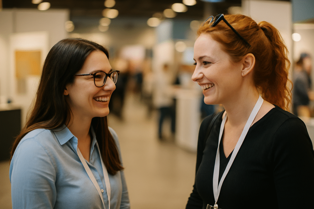 Zwei Frauen im Gespräch auf der OBERFLÄCHENDESIGN MESSE 2026 in Vösendorf bei Wien. Die Aufnahme zeigt eine authentische und freundliche Messesituation: Die beiden Fachbesucherinnen tauschen sich angeregt aus, lachen und wirken offen sowie interessiert. Im Hintergrund erkennt man moderne Messestände und weitere Besucher:innen. Die Szene vermittelt Professionalität, Nähe und eine einladende Atmosphäre – ideal zur Darstellung des Netzwerks rund um Innenarchitektur, Farbgestaltung und Design.