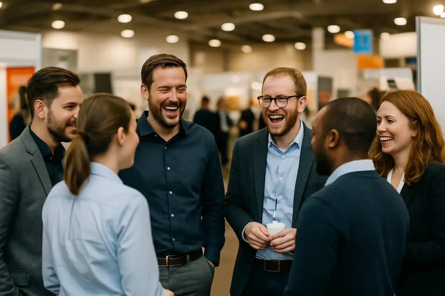 Eine Gruppe junger Fachbesucher:innen unterhält sich lachend auf der OBERFLÄCHENDESIGN MESSE 2026 in Vösendorf bei Wien. Das fotorealistische Bild zeigt sechs Personen in Business Casual Kleidung im offenen Gesprächskreis. Zwei der Teilnehmer lachen herzlich über einen lustigen Moment. Im Hintergrund ist lebhafter Messebetrieb mit Ständen und Besuchern zu sehen. Die Szene vermittelt Professionalität, Offenheit und die inspirierende Atmosphäre der Fachmesse für Oberflächendesign.