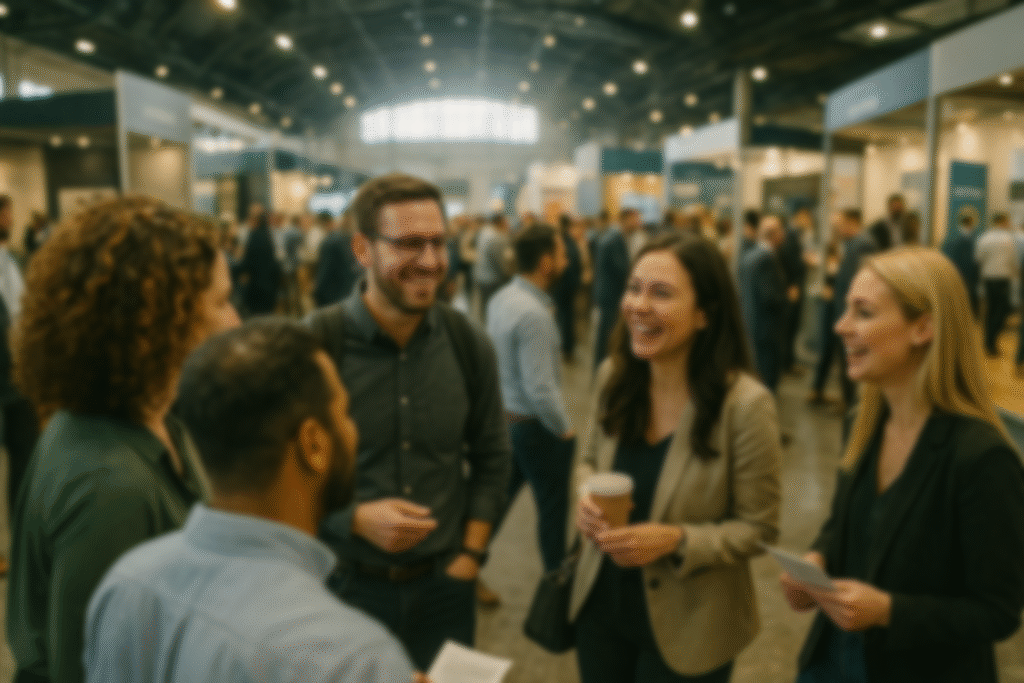 Eine Gruppe von Messebesucher:innen im Gespräch auf der OBERFLÄCHENDESIGN MESSE 2026 in Vösendorf bei Wien. Das fotorealistische Bild zeigt sechs Personen in Business-Casual-Kleidung, die sich in lockerer Atmosphäre unterhalten und lachen. Im Hintergrund erkennt man eine gut besuchte Messehalle mit modernen Ausstellungsständen, Bannern und vielen weiteren Fachbesucher:innen. Die Szene vermittelt Offenheit, Netzwerk-Möglichkeiten und die inspirierende Stimmung einer kreativen Fachmesse für Oberflächendesign, Raumgestaltung und Architektur.