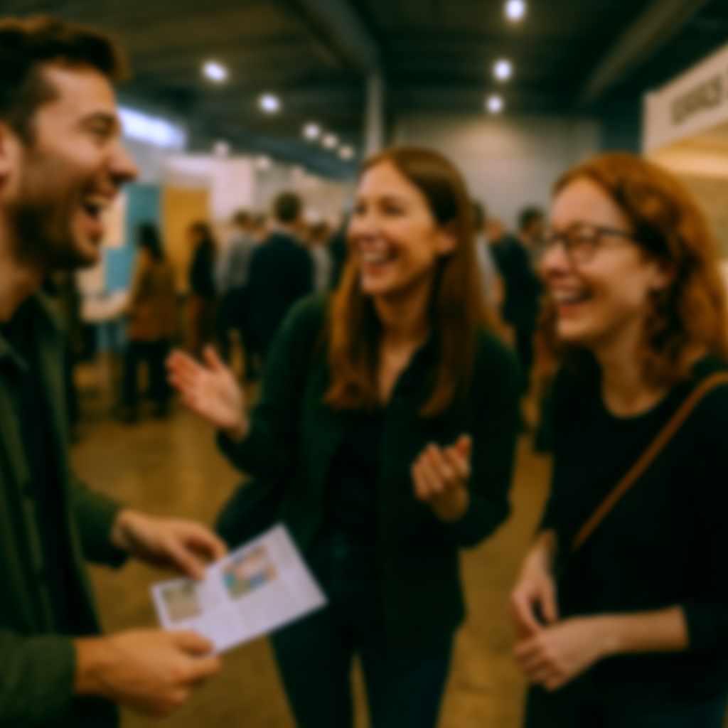 Vier Besucher:innen tauschen sich auf der OBERFLÄCHENDESIGN MESSE 2026 in entspannter Atmosphäre an einem Messestand aus.