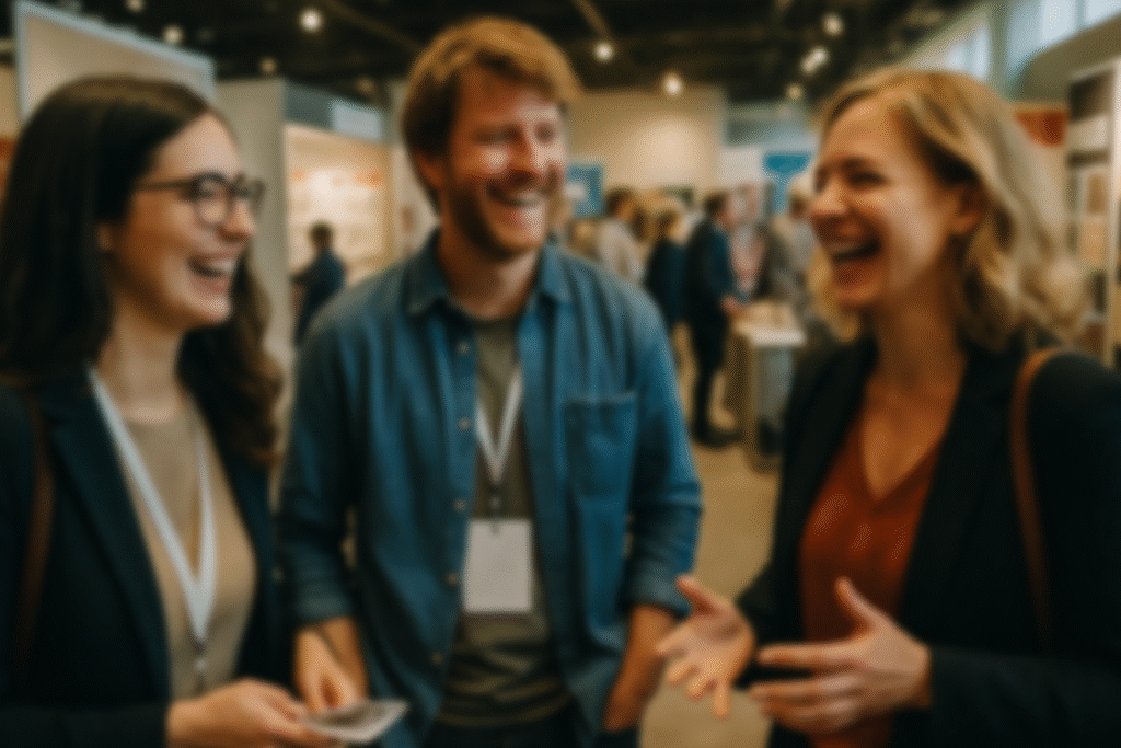 Drei Messebesucher unterhalten sich lächelnd auf der OBERFLÄCHENDESIGN MESSE 2026 in entspannter Atmosphäre.